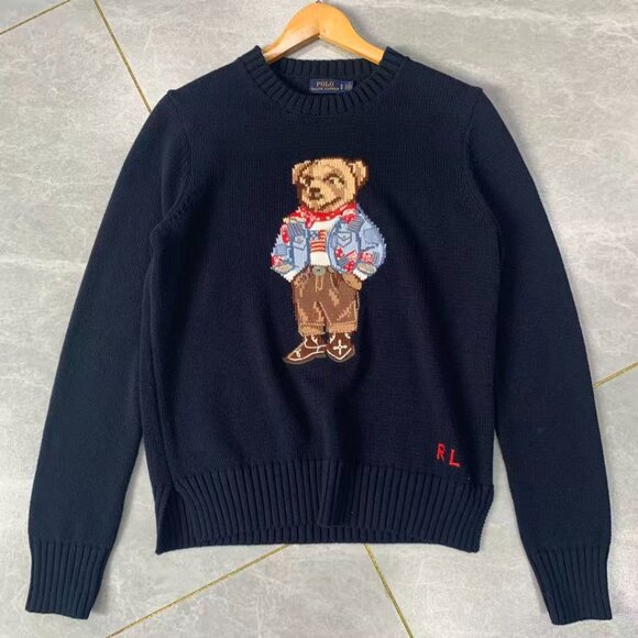 Polo Ralph Lauren Floral denim jacket with bear pattern, navy blue sweater - Picture 4 of 10